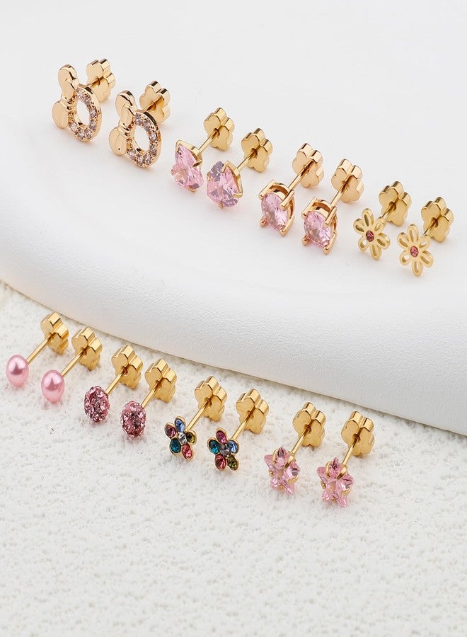 Staligue 8 Pairs Hypoallergenic Screw Back Earrings - 20G Surgical Steel Flat Back Studs with Heart, CZ & Pearl Designs for Women (Gold-Pink CZ) - Image 4
